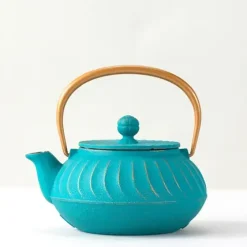 Sale MIYA Company Cast Iron Teapot Teal Wave Gold Handle