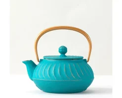 Sale MIYA Company Cast Iron Teapot Teal Wave Gold Handle